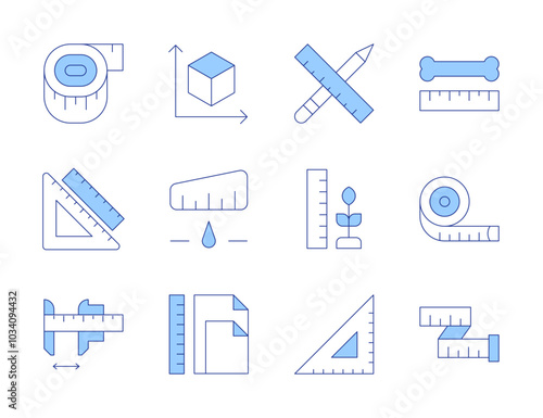 Measure icons. Line Duotone style, editable stroke. measure, tools, measuring tape, ruler, growth, bone, cube, speedometer