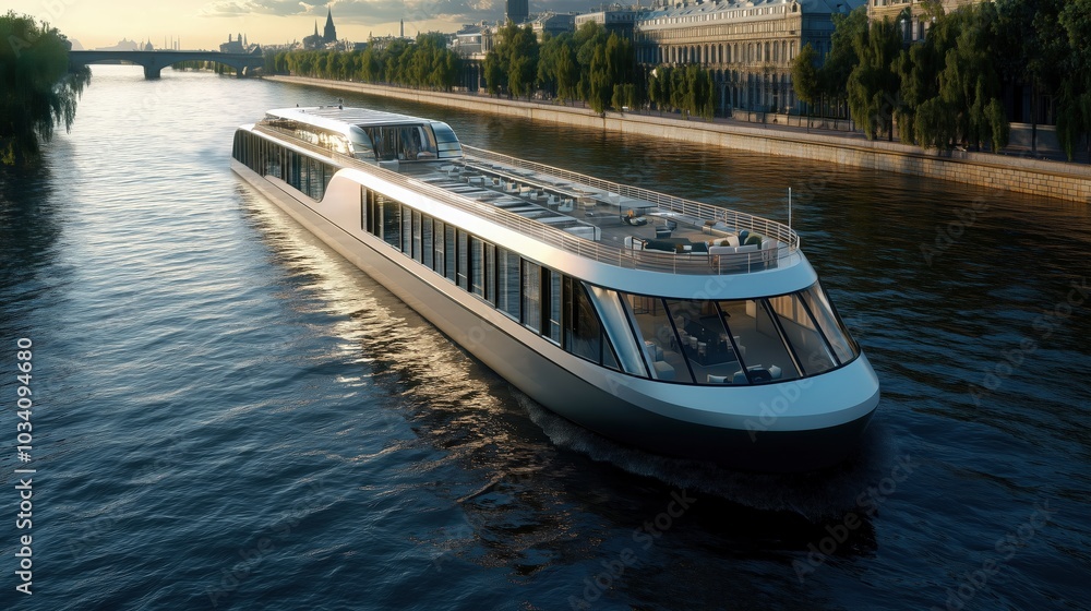 Fototapeta premium Luxurious modern river cruise ship sailing through serene landscapes, relaxation and elegance