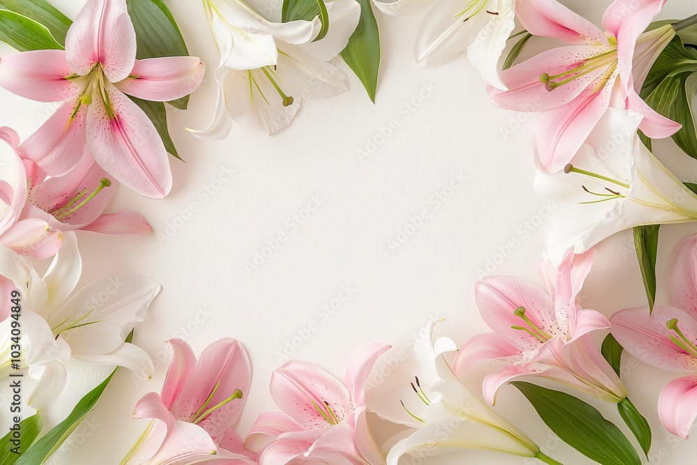 Lilies in shades of pink and white creating an oval floral frame, flat lay, soft lighting, natural and serene botanical art Lilies in shades of pink and white creating an oval floral frame, flat lay, soft lighting, natural and serene botanical art