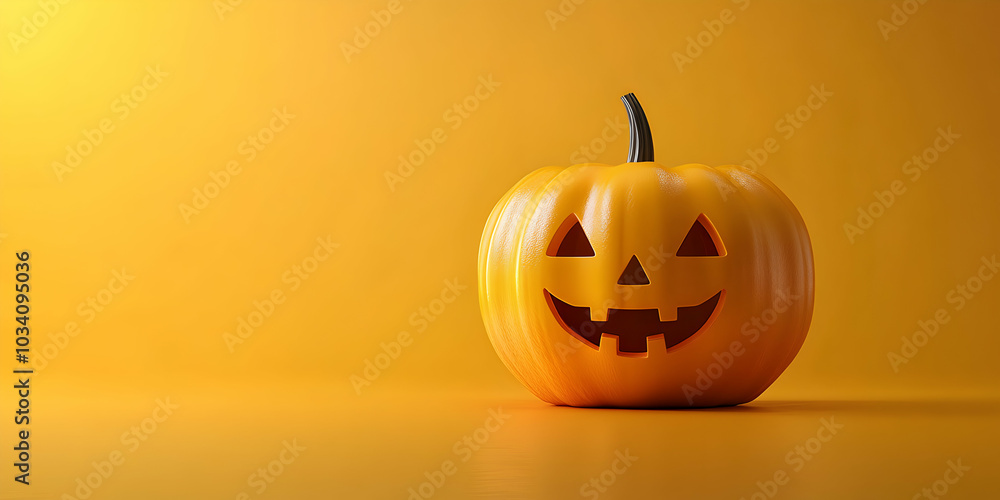 3D Rendered Jack-o'-Lantern with Carved Smiling Face on a Yellow Background 3D Rendered Jack-o'-Lantern with Carved Smiling Face on a Yellow Background