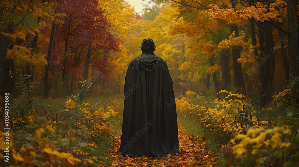 Naklejka premium Dark vampire costume with a black cape and red satin lining