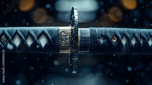 Close-up of a Black Samurai Sword with a Gold Detail and a Blue and White Diamond Pattern Wrap, Suspended Against a Blurred Background of Falling Snow photo