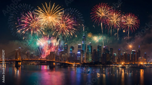 Beautiful fireworks explode over the river, reflecting in the water, illuminating the night sky during a festive celebration