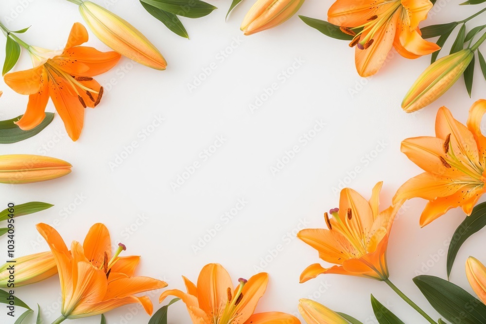 Vibrant orange lilies forming an intricate oval frame, flat lay, bold colors, artistic and modern floral composition Vibrant orange lilies forming an intricate oval frame, flat lay, bold colors, artistic and modern floral composition