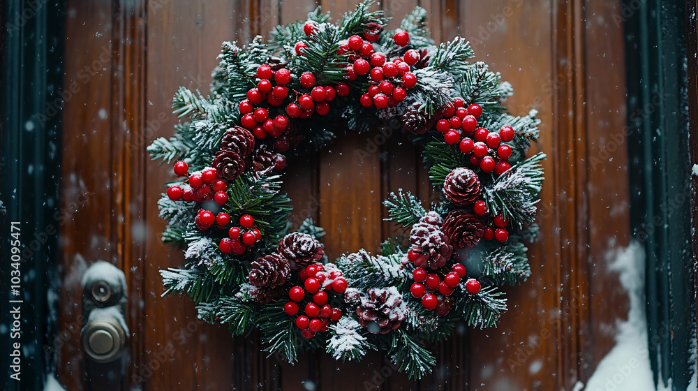 snowy christmas wreath on wooden door snowy christmas wreath on wooden door