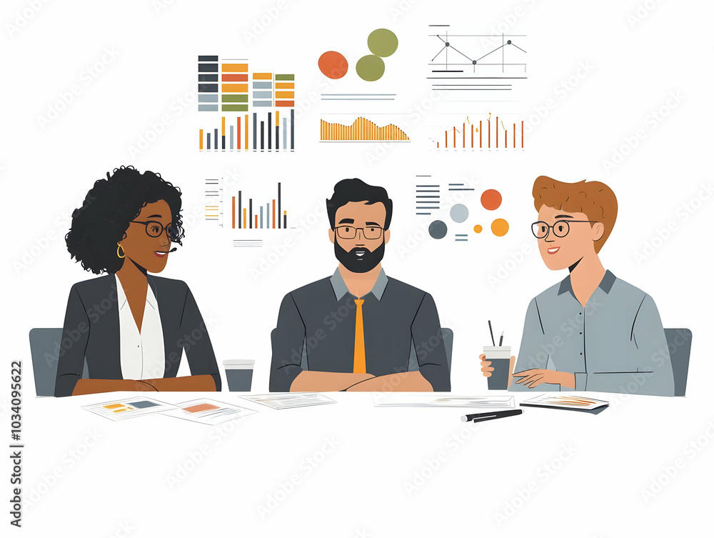 Flat Vector Illustration of Political Analysts Analyzing Conflicting Poll Data - Medium Shot of Intense Discussion, Reports, and Graphs highlighting Challenges in Accurate Predictions, Isolated on Whi Flat Vector Illustration of Political Analysts Analyzing Conflicting Poll Data - Medium Shot of Intense Discussion, Reports, and Graphs highlighting Challenges in Accurate Predictions, Isolated on Whi