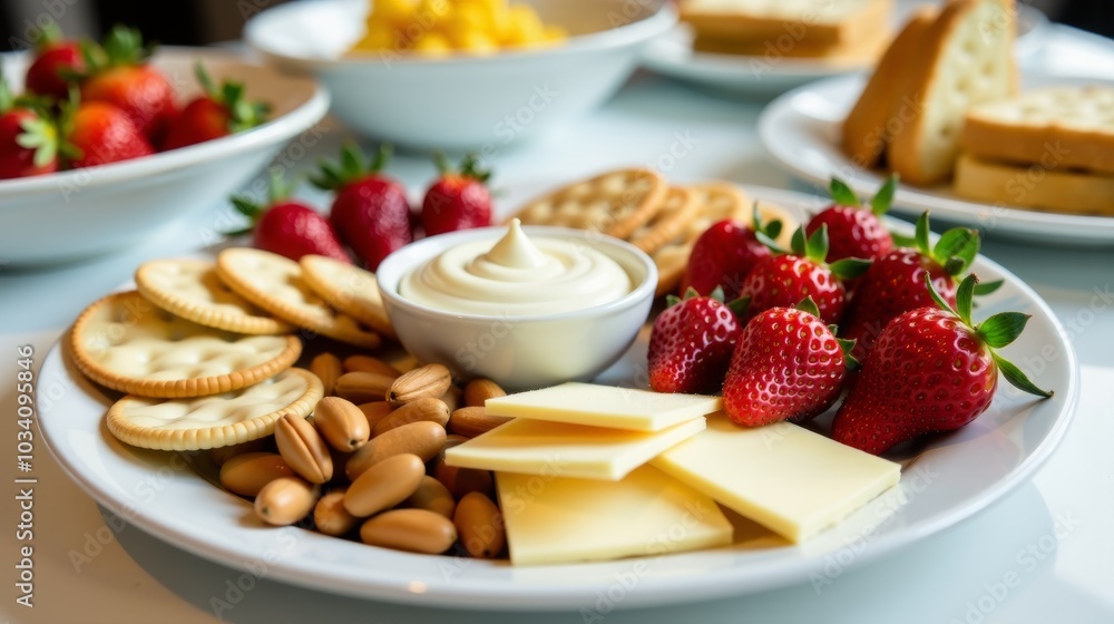 A plate of snacks with crackers, strawberries, white chocolate, nuts, and a small bowl of dip A plate of snacks with crackers, strawberries, white chocolate, nuts, and a small bowl of dip