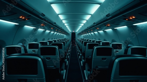 Empty airplane cabin with blue lighting