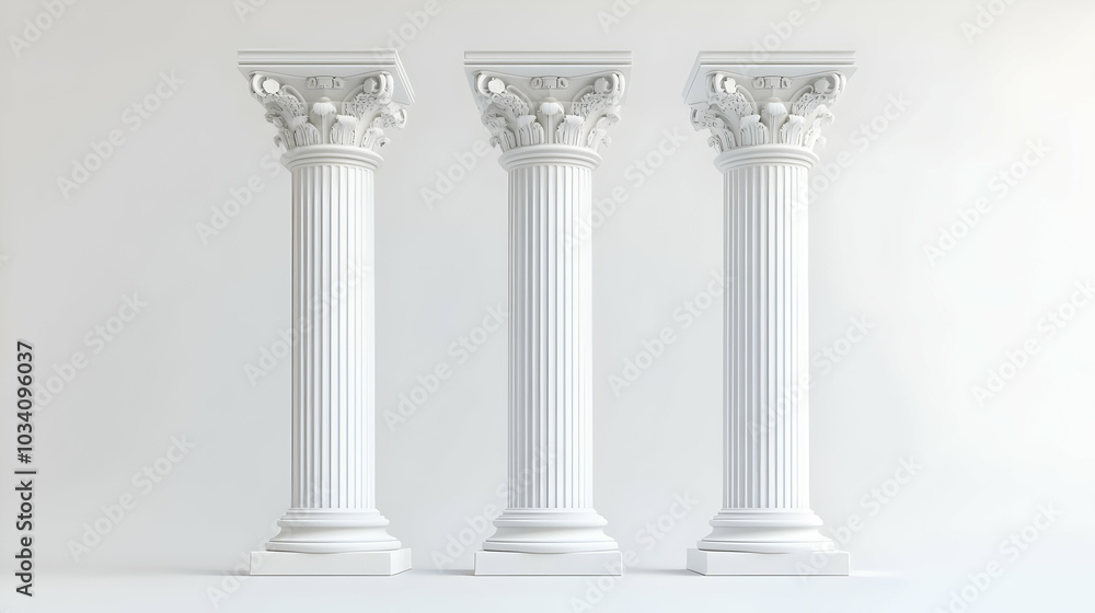 3D Floating Democratic Pillars Concept: A Wide Shot of Classical Pillars Representing Democratic Principles Hovering in Balanced Formation, Engraved Principles Revealed, Isolated on White Background 3D Floating Democratic Pillars Concept: A Wide Shot of Classical Pillars Representing Democratic Principles Hovering in Balanced Formation, Engraved Principles Revealed, Isolated on White Background