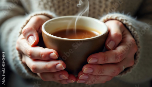 Cozy Hands Holding a Steaming Mug of Coffee or Tea in Warm Natural Light, Capturing Comfort and Relaxation, Ideal for Cafes, Wellness Blogs, Home Decor, or Calm and Serene Lifestyle Imagery