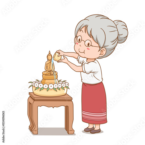 Cartoon of elderly woman pouring water on Buddha statue in Songkran Festival, Thailand.