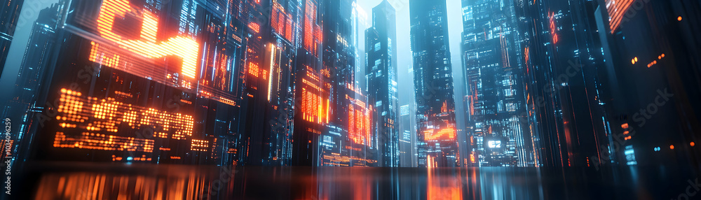 Futuristic Cityscape with Glowing Towers and a Reflective Ground Futuristic Cityscape with Glowing Towers and a Reflective Ground