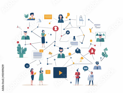 Flat Vector Illustration of a Campaign Ecosystem Framework: Interconnected Elements like Fundraising, Voter Outreach, and Media Relations on a Clean White Background with Copy Space for Strategic Mess