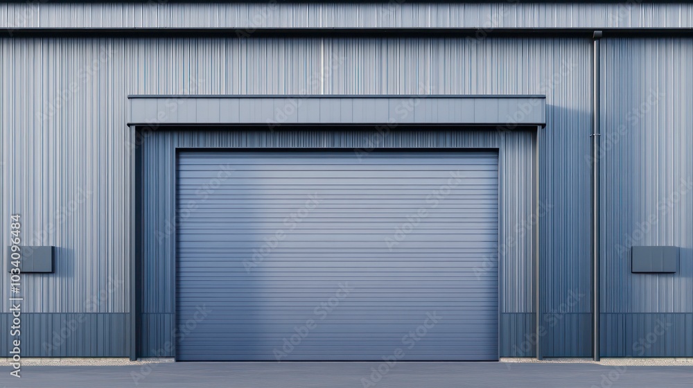 A large gray metal roll-up door on a building with a concrete area in front of it. A large gray metal roll-up door on a building with a concrete area in front of it.