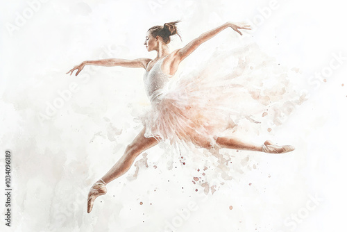 Ballet dancer in graceful mid-leap with watercolor effect and soft pastel tones. photo