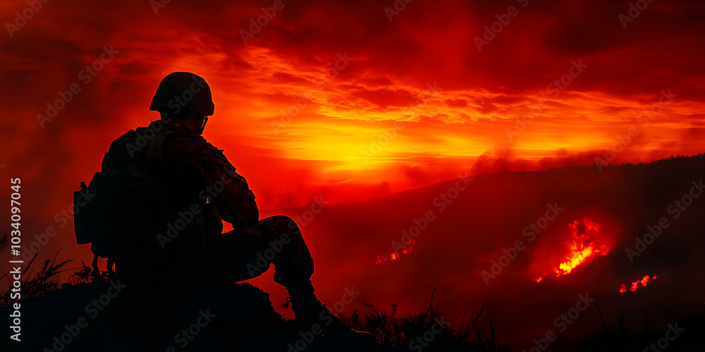 Silhouette of a Soldier Contemplating the Fiery Horizon with Smoky Clouds and a Blood Red Sky Silhouette of a Soldier Contemplating the Fiery Horizon with Smoky Clouds and a Blood Red Sky