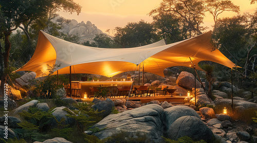 A large open canopy stretch tent, luxury style, with check in desk in a rocky forest, boulders and ferns, at sunset golden hour dusk glowing. photo