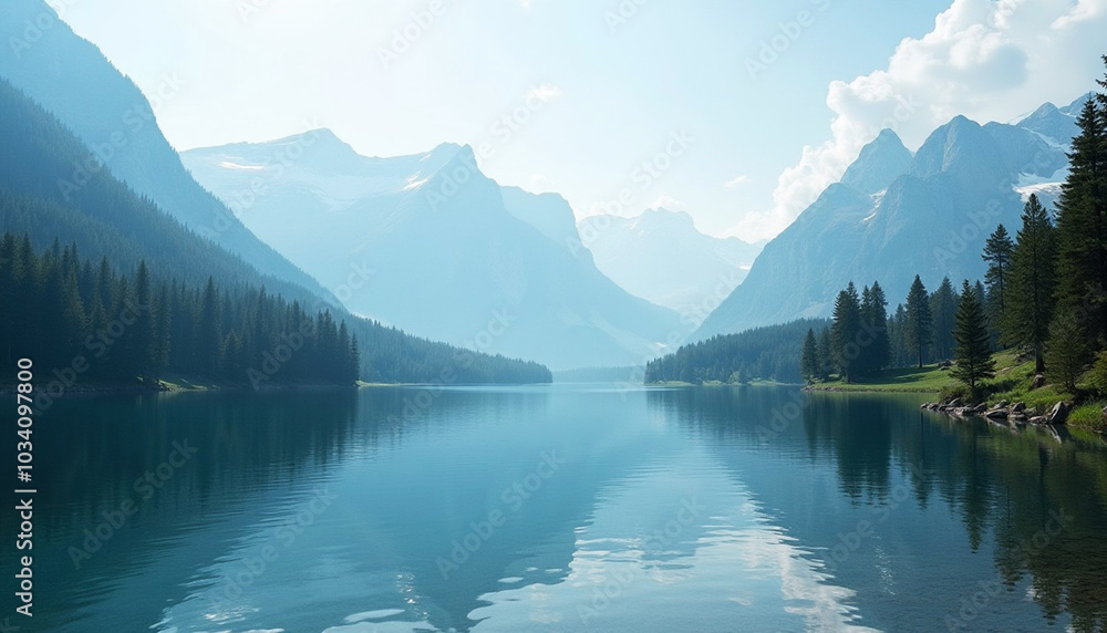 Calm mountain landscape with lake, silhouette of mountains, poster, card, wallpaper Calm mountain landscape with lake, silhouette of mountains, poster, card, wallpaper
