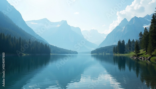 Calm mountain landscape with lake, silhouette of mountains, poster, card, wallpaper