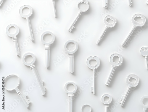 Holographic White Keys Unlocking Opportunities: Close Up of Floating Keys Revealing Potential for Growth in Simple Flat Vector Illustration on White Background