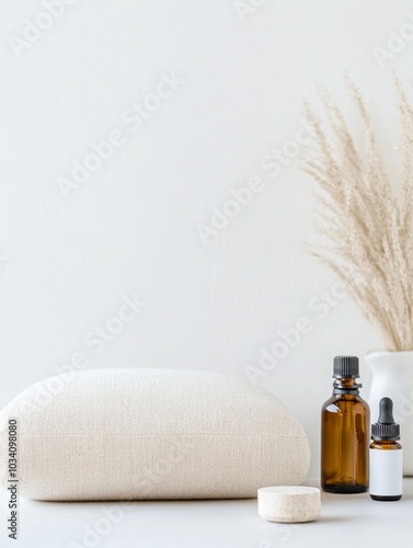 Minimalist Wellness Setup with Meditation Cushion and Aromatherapy Oils