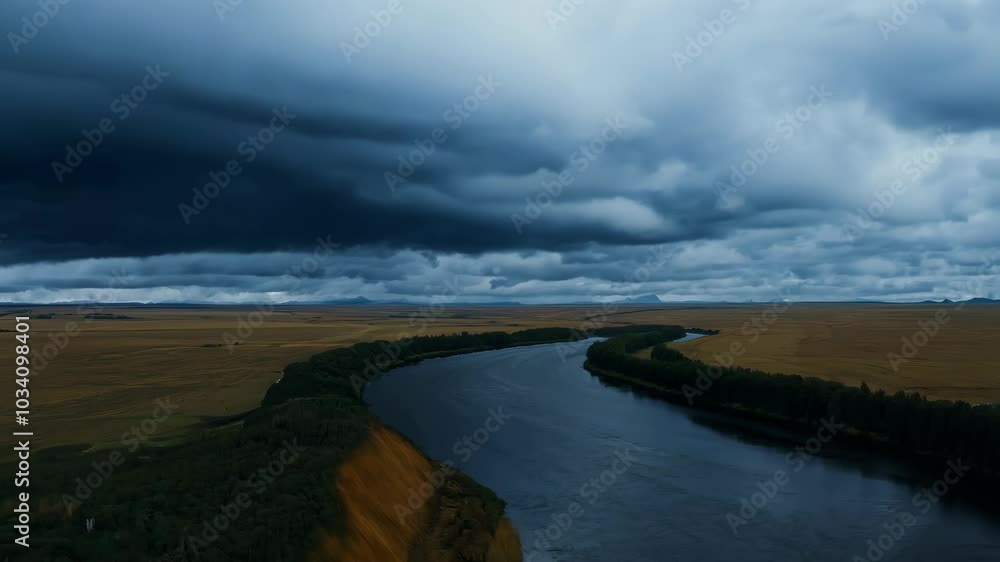Dramatic Clouds Over a Meandering River: A Cinematic Drone Journey Through Vast Landscapes Dramatic Clouds Over a Meandering River: A Cinematic Drone Journey Through Vast Landscapes