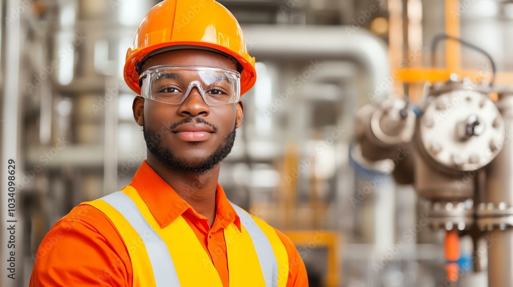 Confident industrial engineer wearing protective gear in a factory setting, demonstrating safety and expertise in engineering work. Confident industrial engineer wearing protective gear in a factory setting, demonstrating safety and expertise in engineering work.