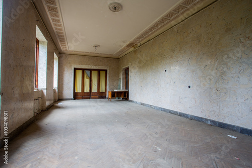 abandoned room, hotel interior in ruins