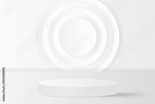 Abstract 3D white podium background. Modern minimalist mockup for product display presentation. Realistic white cylinder pedestal podium.