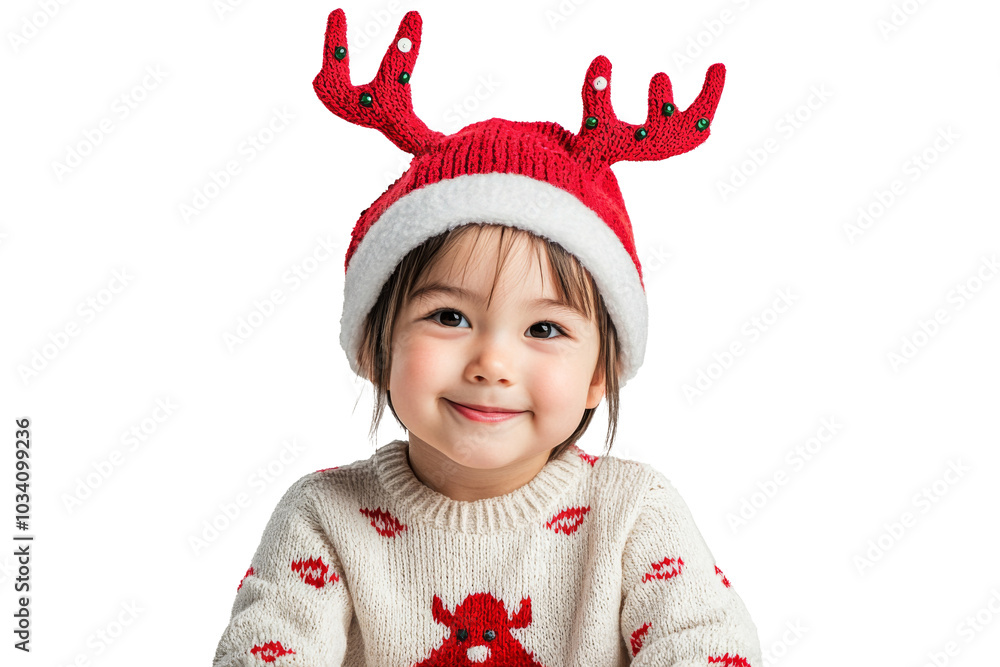 Cute little girl dressed in cozy Christmas outfit, with a warm sweater and festive hat, isolated on transparent background for new year fun