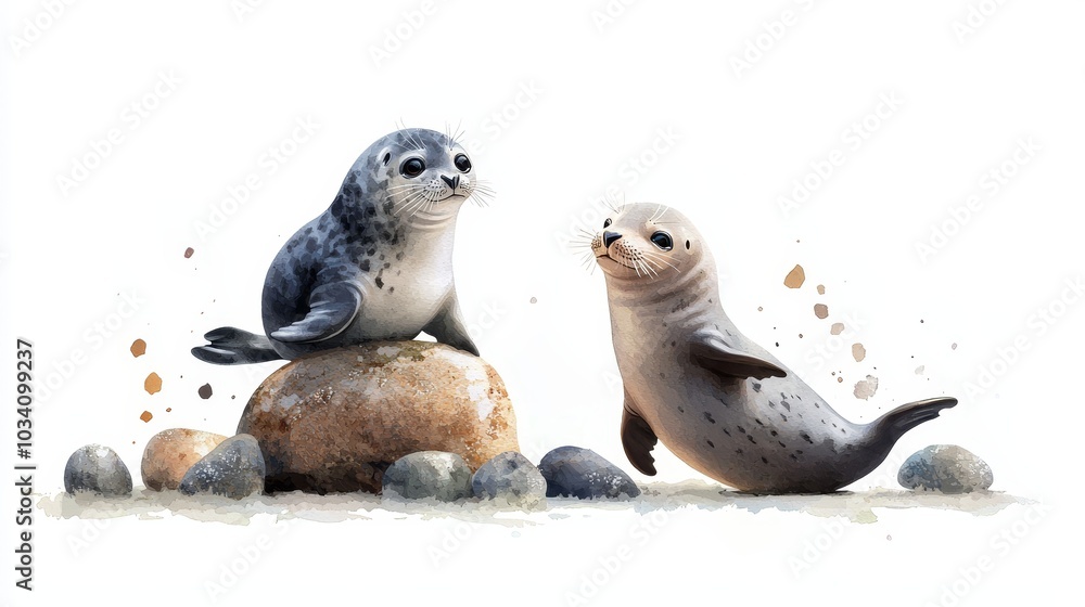 Fototapeta premium Adorable Seal Pups Playing in a Zen Japanese Garden Surrounded by Stones and Pebbles
