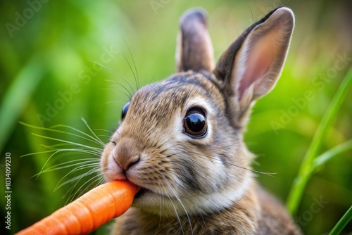 Cute bunny eating carrot in green field farm animal close-up photo