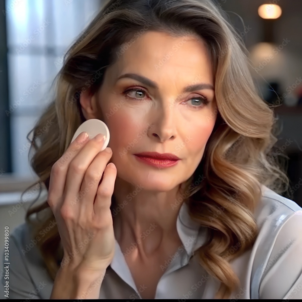 A middle-aged woman applies powder to her face with a sponge A middle-aged woman applies powder to her face with a sponge