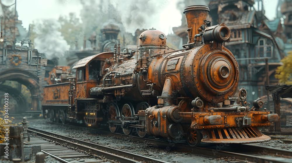 Obraz premium Rusty Steam Locomotive Chugs Through a Misty Industrial Landscape