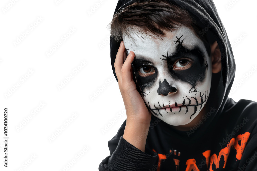 Spooky halloween portrait of a young child with day of the dead face paint, their smile and intense gaze making for a hauntingly festive look, isolated on a transparent background Spooky halloween portrait of a young child with day of the dead face paint, their smile and intense gaze making for a hauntingly festive look, isolated on a transparent background