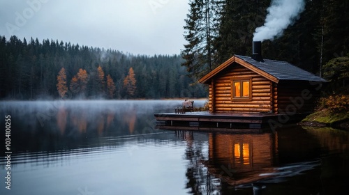 Cozy cabin by a misty lake surrounded by autumn trees and calm reflections Created with Generative AI. photo