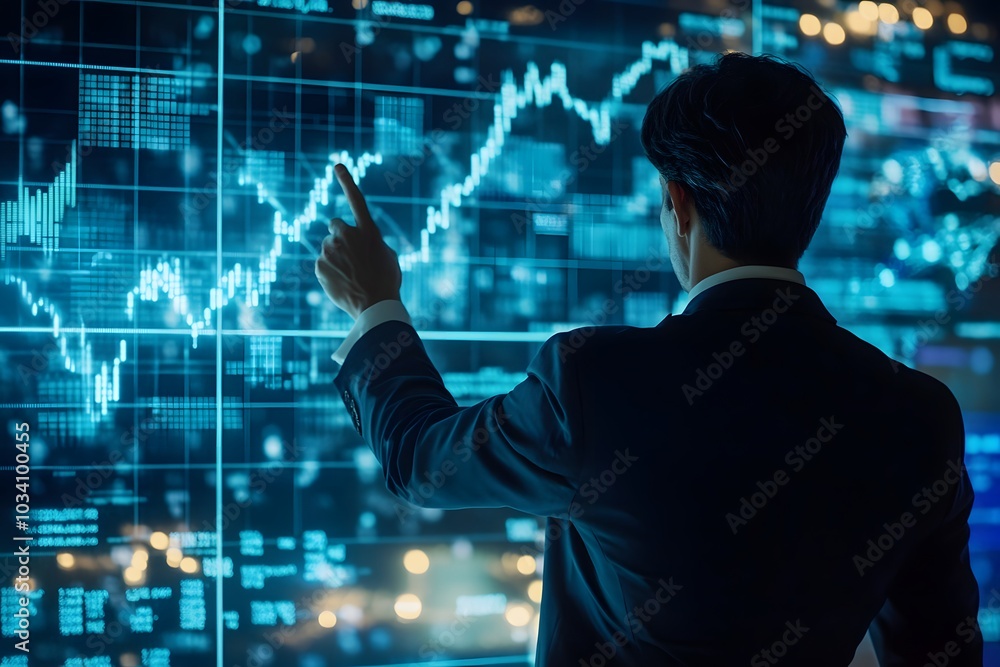 Businessman Analyzing Financial Data on a Large Digital Screen Businessman Analyzing Financial Data on a Large Digital Screen