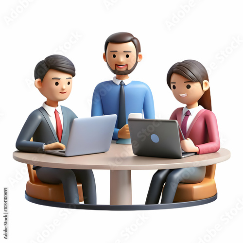 A Team of Professionals Using Laptops in a Meeting on a Plain Light Background - Emphasizing Digital Collaboration and Teamwork with Copy Space for Text