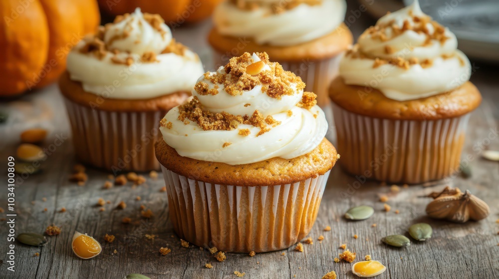 Close-up of four pumpkin spice cupcakes with white frosting and pumpkin seeds on a wooden table. Close-up of four pumpkin spice cupcakes with white frosting and pumpkin seeds on a wooden table.