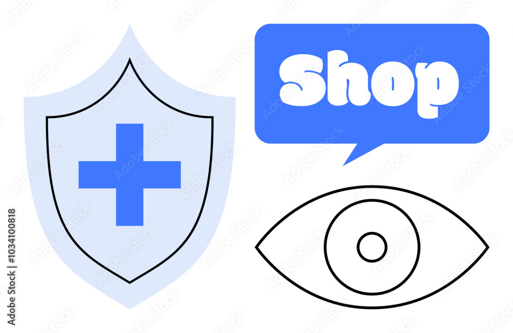 Shield with cross, speech bubble with Shop, and open eye. Ideal for health, security, ecommerce, vision, online safety. Simple vector style combining elements of healthcare and online shopping with Shield with cross, speech bubble with Shop, and open eye. Ideal for health, security, ecommerce, vision, online safety. Simple vector style combining elements of healthcare and online shopping with
