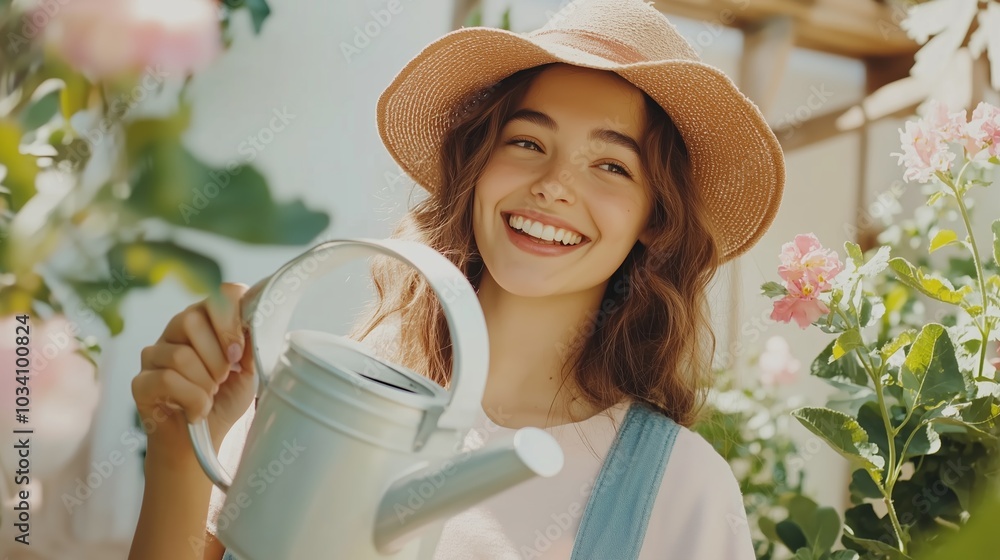 Φωτογραφία Young woman in a straw hat watering flowers in a vibrant garden during a sunny d