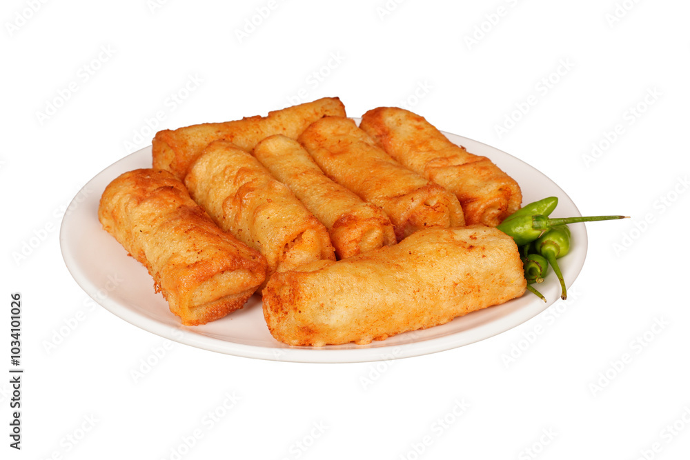Lumpia and chilli on a white plate isolated transparent Lumpia and chilli on a white plate isolated transparent