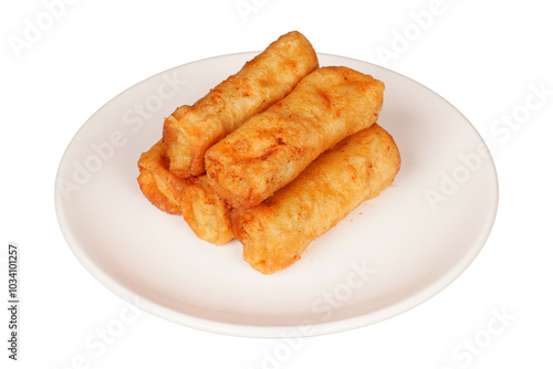 Lumpia on a white plate isolated transparent