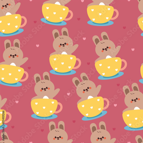 seamless pattern cartoon bunny inside a cup. cute animal wallpaper for fabric print, gift wrap paper