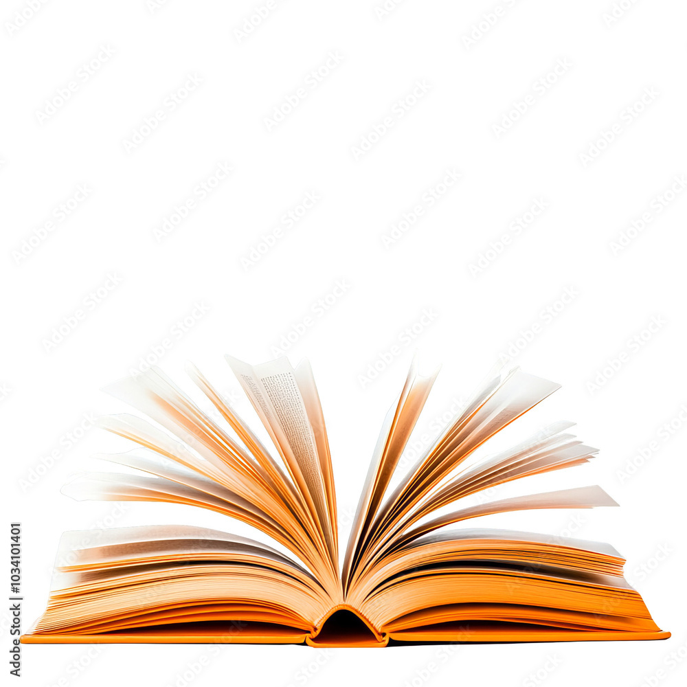 Fototapeta premium Open book with pages flying, white isolate background.