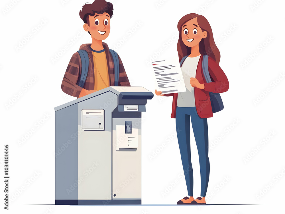 Flat Voter Registration Enthusiasm: Young First-Time Voter Excitedly Filling Out Form with Official Guidance - Simple Flat Vector Illustration for Business Tone, Isolated on White Background. Flat Voter Registration Enthusiasm: Young First-Time Voter Excitedly Filling Out Form with Official Guidance - Simple Flat Vector Illustration for Business Tone, Isolated on White Background.