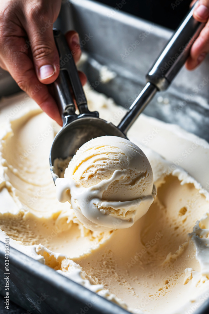 Fototapeta premium Vanilla ice cream scoop being served from a metal container with stainless steel scoop, close-up