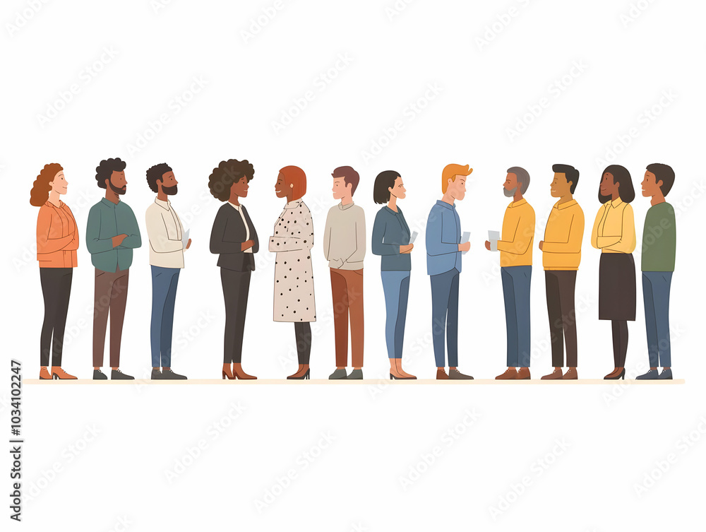 Flat Diverse Voters Queue: Wide Angle View of a Long Line of Ethnically Diverse Citizens Patiently Waiting to Vote - A Symbol of Democratic Commitment and Unity in Simple Vector Illustration Flat Diverse Voters Queue: Wide Angle View of a Long Line of Ethnically Diverse Citizens Patiently Waiting to Vote - A Symbol of Democratic Commitment and Unity in Simple Vector Illustration