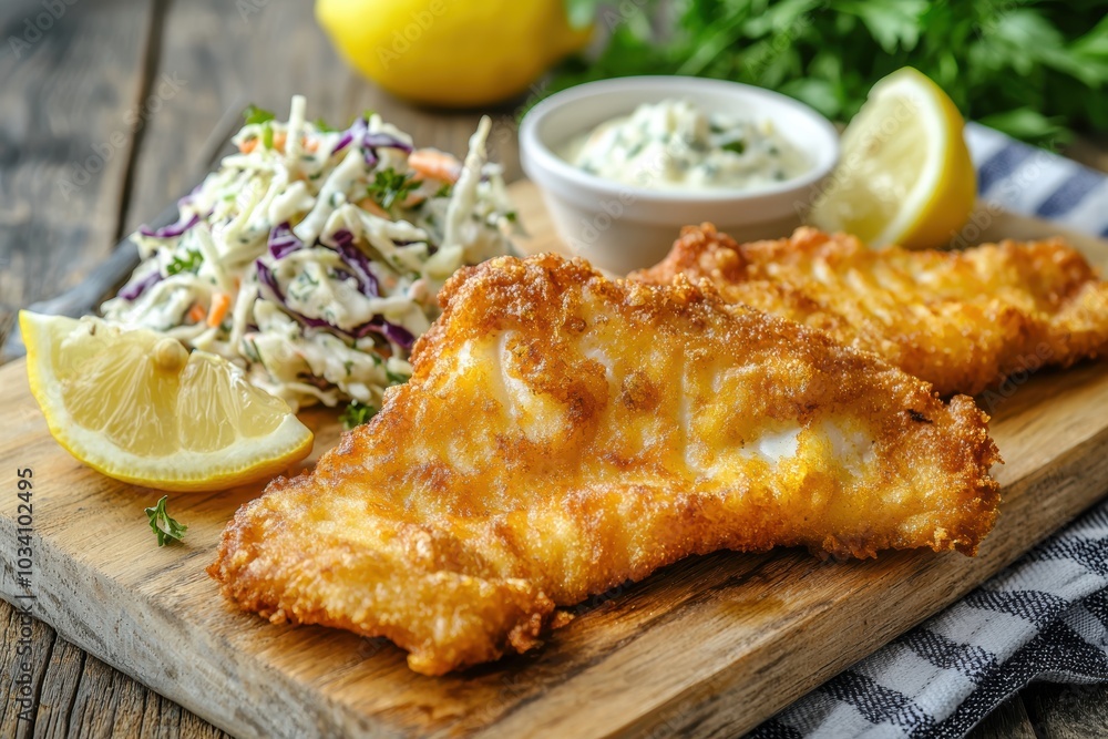Traditional Fish Fry with Crispy Fillets, Coleslaw, and Tartar Sauce on Rustic Wooden Board Traditional Fish Fry with Crispy Fillets, Coleslaw, and Tartar Sauce on Rustic Wooden Board