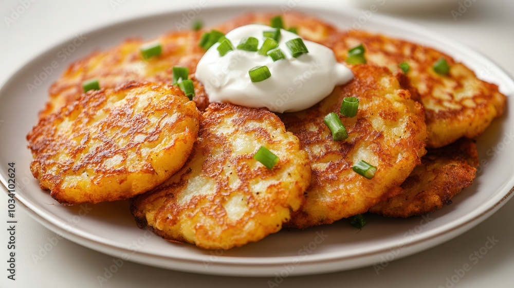 Potato pancakes with sour cream on the table close-up, Deruny Draniky dish recipe Potato pancakes with sour cream on the table close-up, Deruny Draniky dish recipe